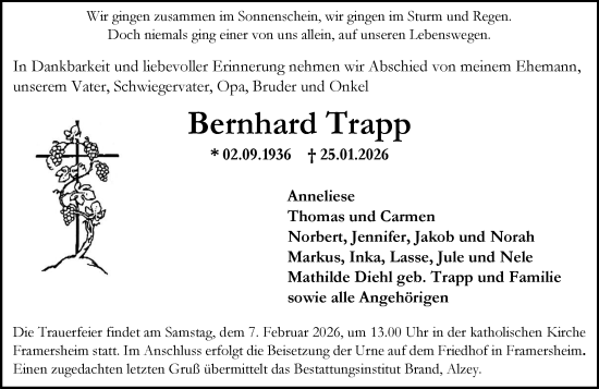 Traueranzeige von Bernhard Trapp von Allgemeine Zeitung Alzey