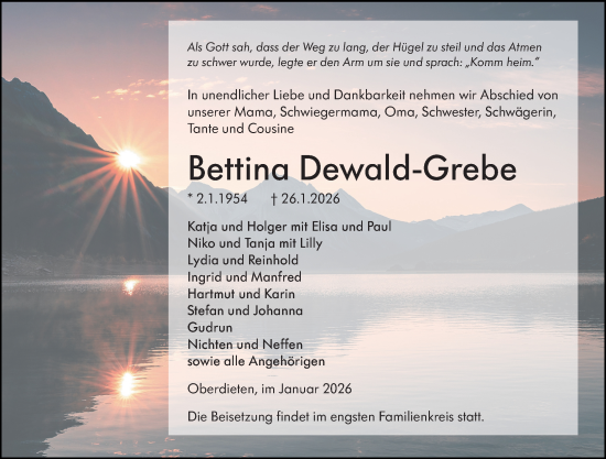 Traueranzeige von Bettina Dewald-Grebe von Hinterländer Anzeiger