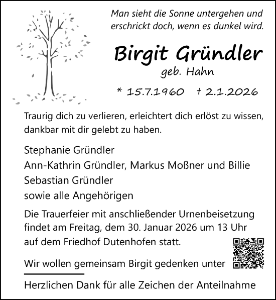 Traueranzeige von Birgit Gründler von Wetzlarer Neue Zeitung