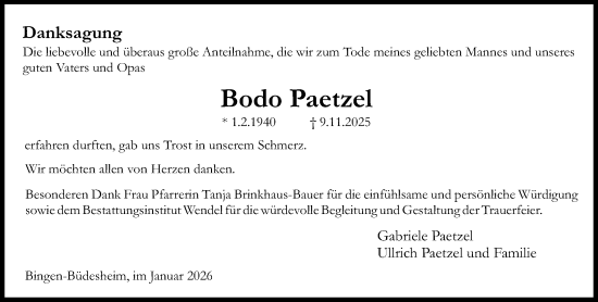 Traueranzeige von Bodo Paetzel von Allgemeine Zeitung Rheinhessen-Nahe