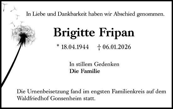Traueranzeige von Brigitte Fripan von Allgemeine Zeitung Mainz