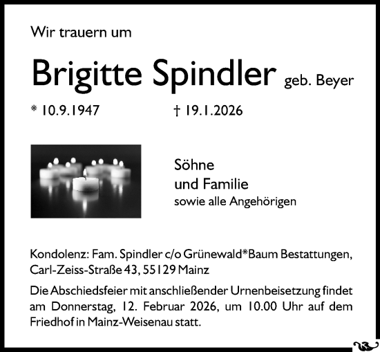Traueranzeige von Brigitte Spindler von Allgemeine Zeitung Mainz