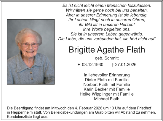 Traueranzeige von Brigitte Agathe Flath von Starkenburger Echo