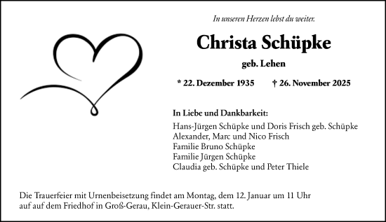 Traueranzeige von Christa Schüpke von Groß-Gerauer Echo