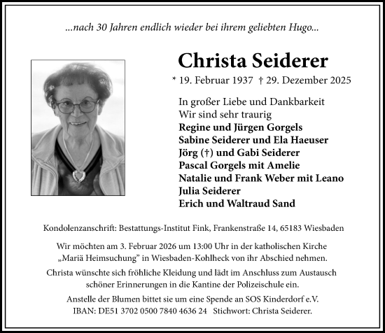 Traueranzeige von Christa Seiderer von Wiesbadener Kurier