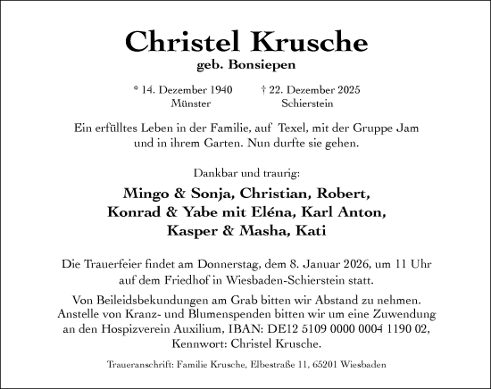 Traueranzeige von Christel Krusche von Wiesbadener Kurier