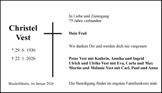 Traueranzeige von Christel Vest von Allgemeine Zeitung Mainz