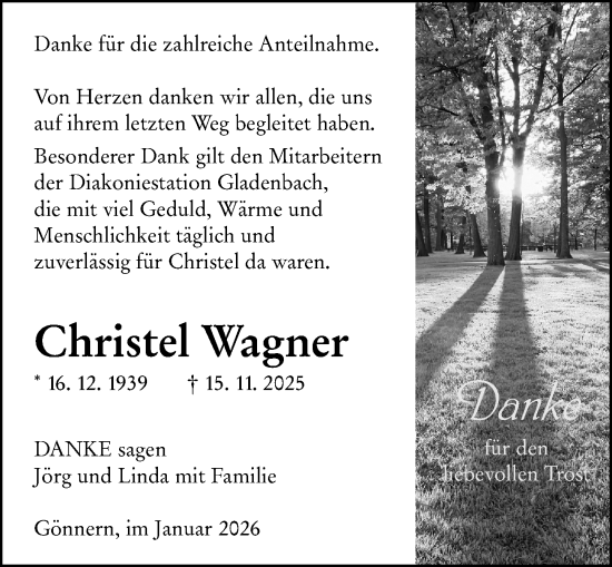 Traueranzeige von Christel Wagner von Hinterländer Anzeiger