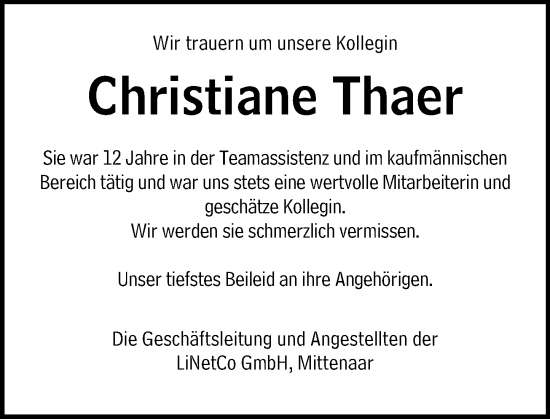 Traueranzeige von Christiane Thaer von Dill Block