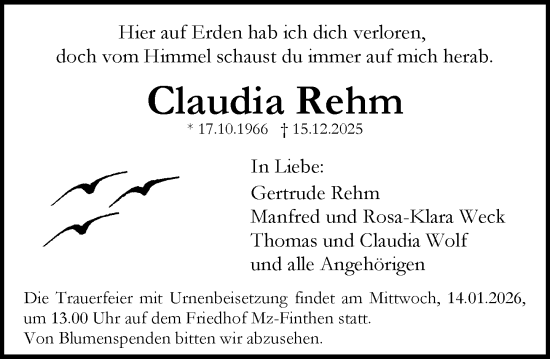 Traueranzeige von Claudia Rehm von Allgemeine Zeitung Mainz