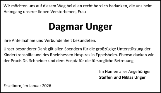Traueranzeige von Dagmar Unger von Allgemeine Zeitung Alzey