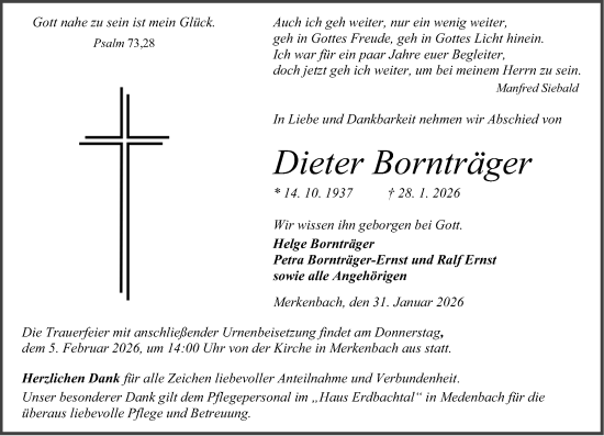 Traueranzeige von Dieter Bornträger von Dill Block