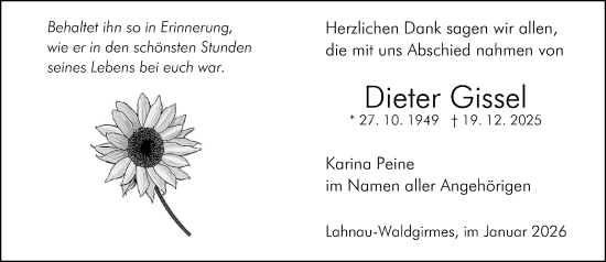 Traueranzeige von Dieter Gissel von Wetzlarer Neue Zeitung