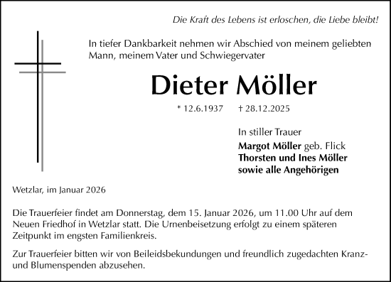 Traueranzeige von Dieter Möller von Wetzlarer Neue Zeitung
