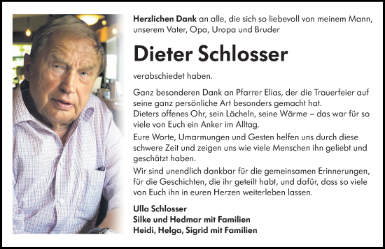 Traueranzeige von Dieter Schlosser von Weilburger Tageblatt