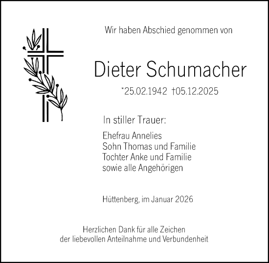 Traueranzeige von Dieter Schumacher von Wetzlarer Neue Zeitung