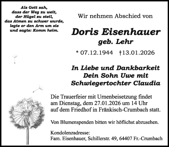 Traueranzeige von Doris Eisenhauer von Odenwälder Echo