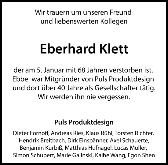 Traueranzeige von Eberhard Klett von Darmstädter Echo
