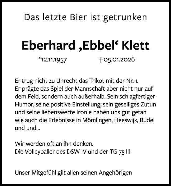 Traueranzeige von Eberhard Klett von Darmstädter Echo