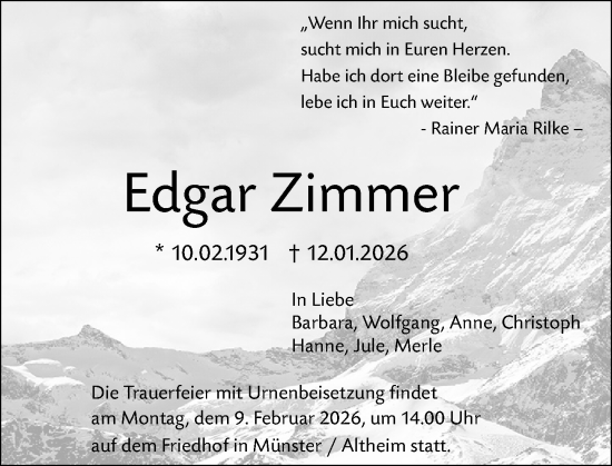 Traueranzeige von Edgar Zimmer von Dieburger Anzeiger/Groß-Zimmerner Lokal-Anzeiger