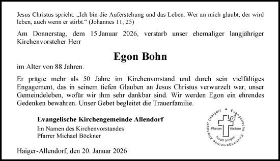 Traueranzeige von Egon Bohn von Dill Block