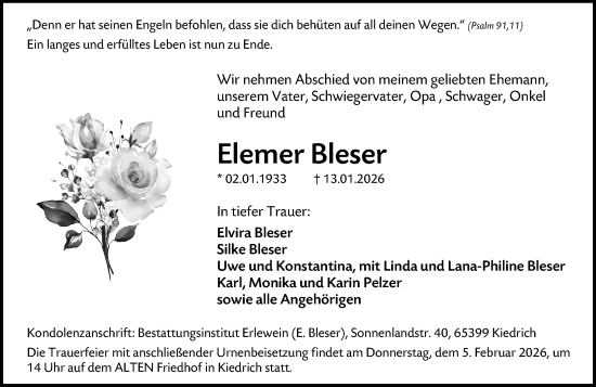 Traueranzeige von Elemer Bleser von Rheingau Kurier
