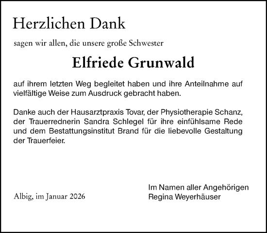 Traueranzeige von Elfriede Grunwald von Allgemeine Zeitung Alzey