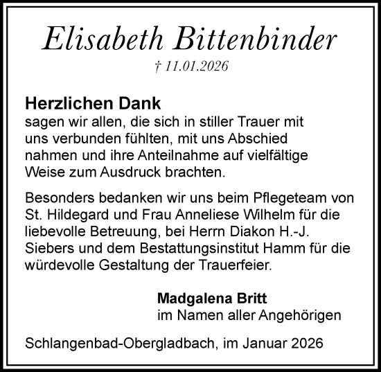Traueranzeige von Elisabeth Bittenbinder von Rheingau-Taunus-Kreis Wochenblatt