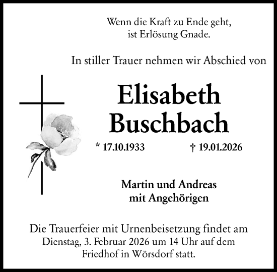 Traueranzeige von Elisabeth Buschbach von Idsteiner Land/Untertaunus