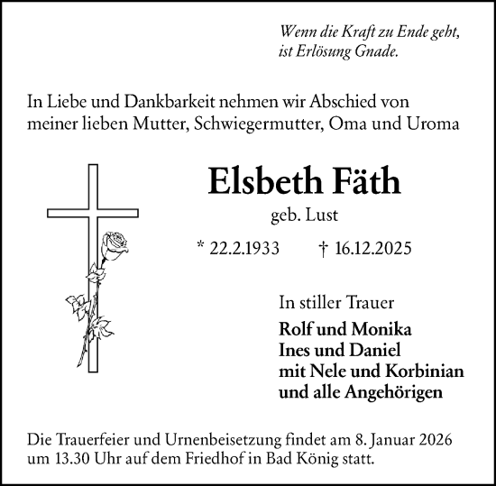 Traueranzeige von Elsbeth Fäth von Odenwälder Echo