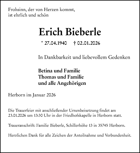 Traueranzeige von Erich Bieberle von Dill Block