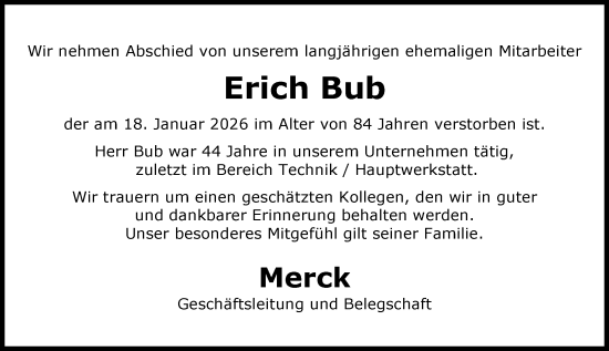 Traueranzeige von Erich Bub von Darmstädter Echo