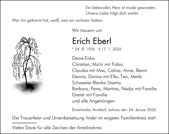 Traueranzeige von Erich Eberl von Wetzlarer Neue Zeitung