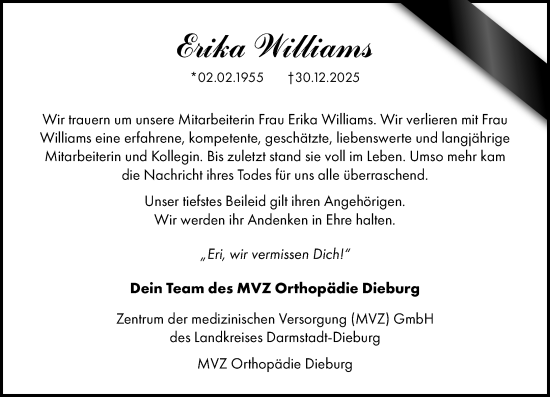 Traueranzeige von Erika Williams von Dieburger Anzeiger/Groß-Zimmerner Lokal-Anzeiger