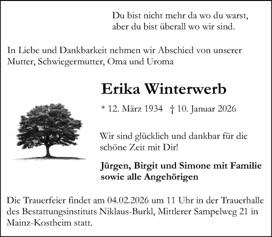 Traueranzeige von Erika Winterwerb von Allgemeine Zeitung Mainz