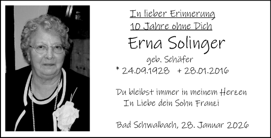 Traueranzeige von Erna Solinger von Wiesbadener Kurier