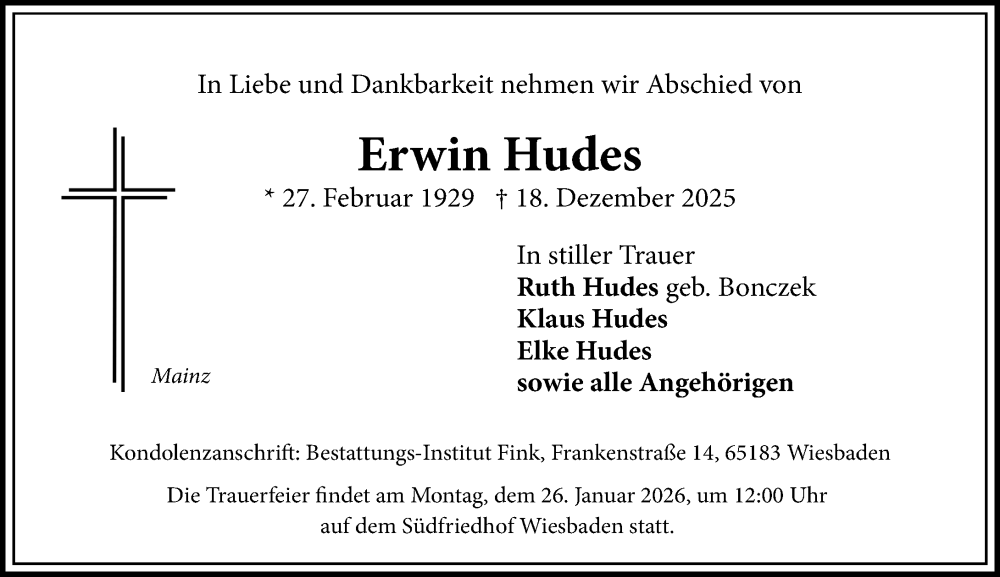  Traueranzeige für Erwin Hudes vom 24.01.2026 aus Allgemeine Zeitung Mainz