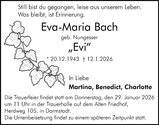 Traueranzeige von Eva-Maria Bach von Darmstädter Echo