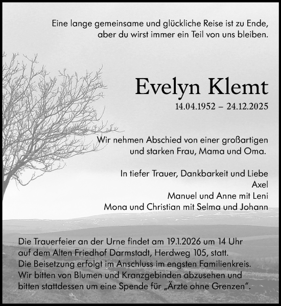 Traueranzeige von Evelyn Klemt von Darmstädter Echo