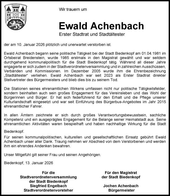 Traueranzeige von Ewald Achenbach von Hinterländer Anzeiger
