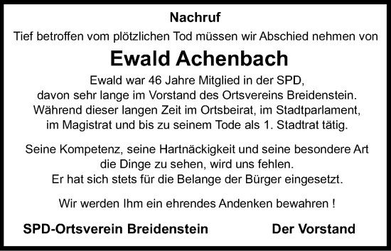 Traueranzeige von Ewald Achenbach von Hinterländer Anzeiger