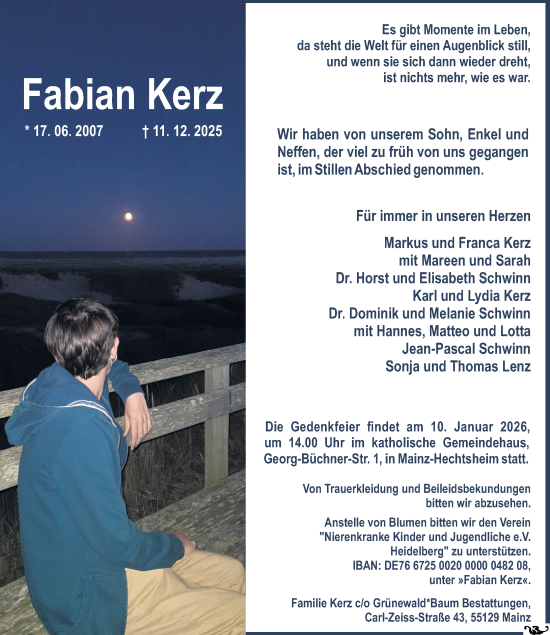 Traueranzeige von Fabian Kerz von Allgemeine Zeitung Mainz