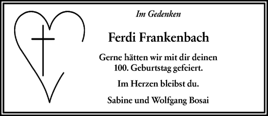 Traueranzeige von Ferdi Frankenbach von Allgemeine Zeitung Mainz