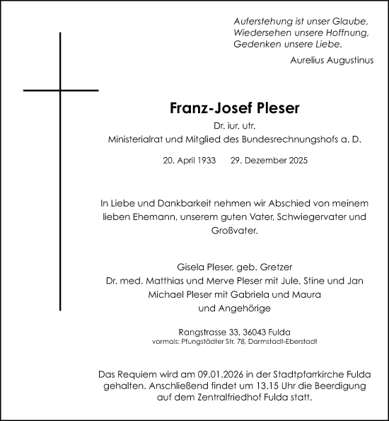 Traueranzeige von Franz-Josef Pleser von Darmstädter Echo