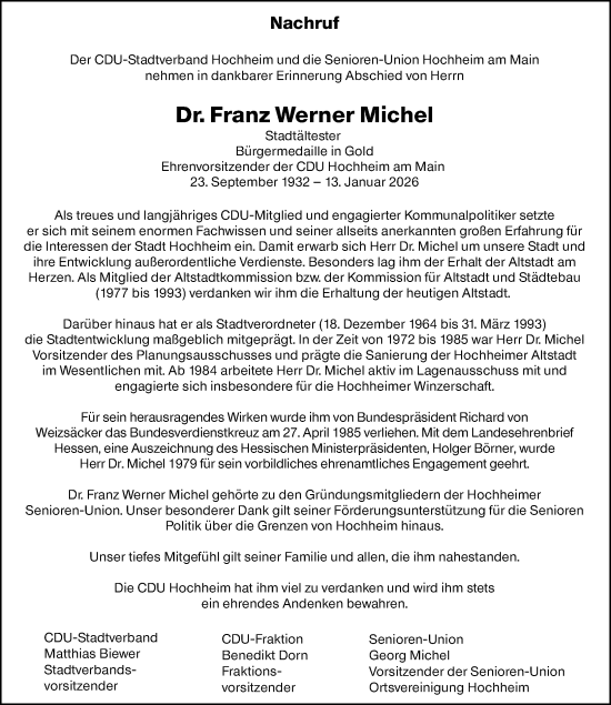 Traueranzeige von Franz Werner Michel von Hochheimer Zeitung