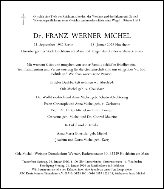 Traueranzeige von Franz Werner Michel von Wiesbadener Kurier