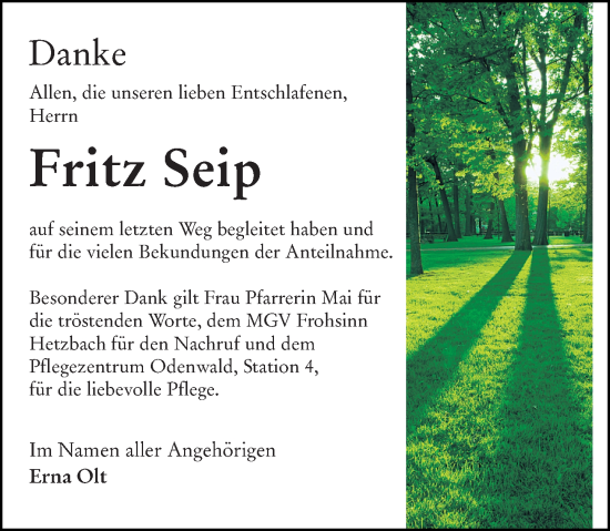 Traueranzeige von Fritz Seip von Odenwälder Echo