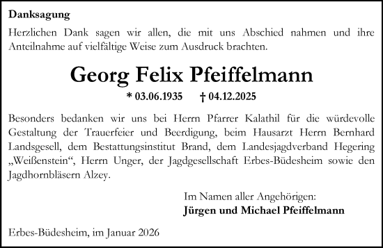 Traueranzeige von Georg Felix Pfeiffelmann von Allgemeine Zeitung Alzey