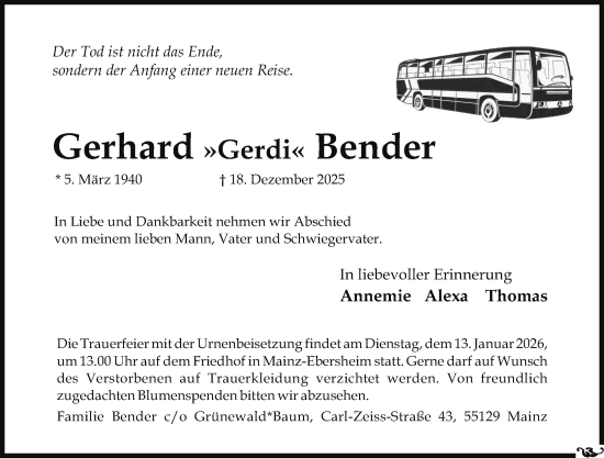 Traueranzeige von Gerhard Bender von Allgemeine Zeitung Mainz