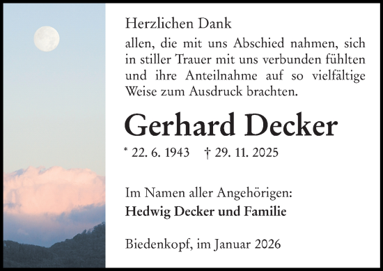 Traueranzeige von Gerhard Decker von Hinterländer Anzeiger